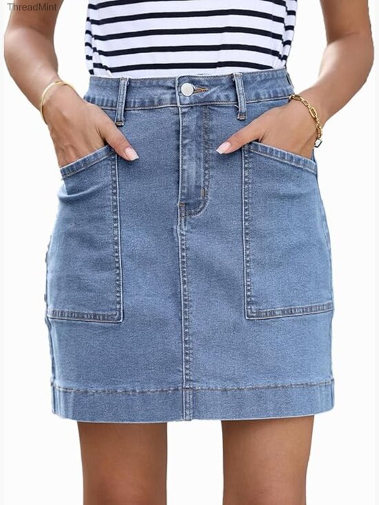 Dresses & Skirts - High Waisted Stretch Denim Skirt with Pockets